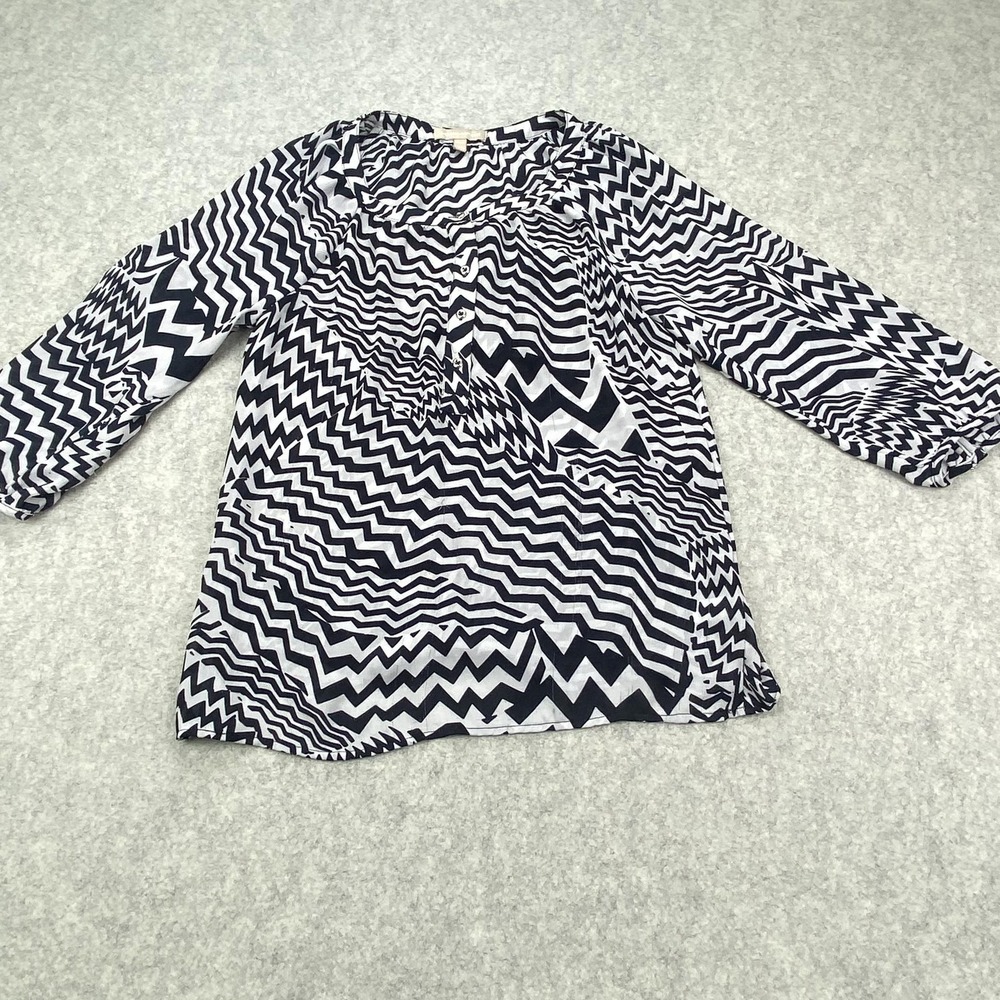 Banana Republic Blouse Womens Medium Black Geometric Henley 3/4 Sleeve Tunic Top